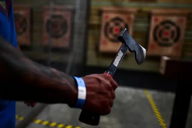 Axe-throwing at the Stumpy"s House in Eatontown, New Jersey