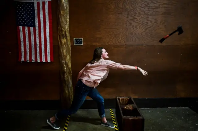 Axe-throwing at the Stumpy"s House in Eatontown, New Jersey