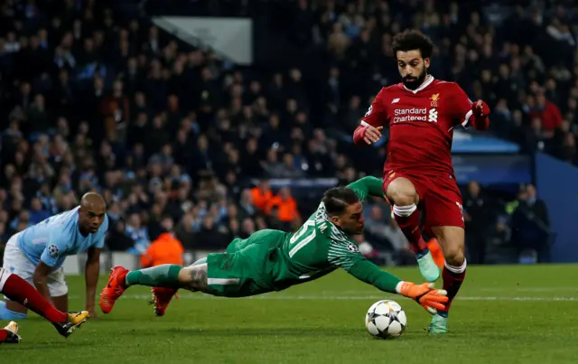 Mo Salah scores against Manchester City in the Champions League quarter-final last season