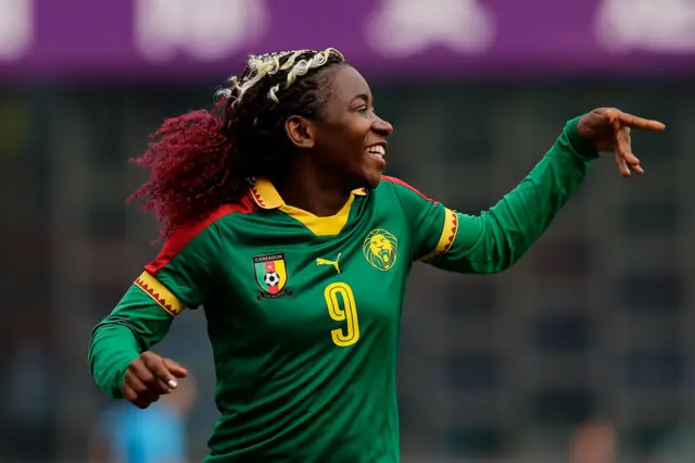 Madeleine Michele #9 of Cameroon celebrating goals during CFA team China international Women's football tournament Wuhan 2019