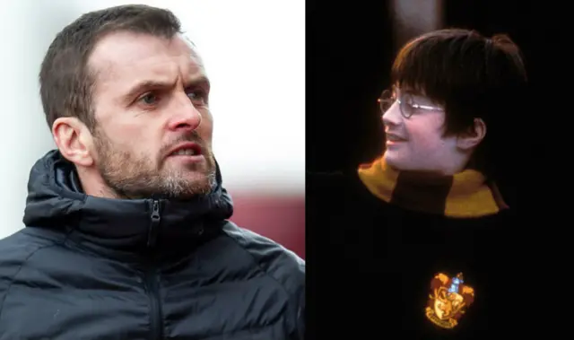 Nathan Jones, left, and Daniel Radcliffe as Harry Potter