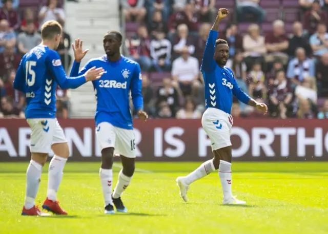 Jermain Defoe celebrates the opening goal at Tynecastle