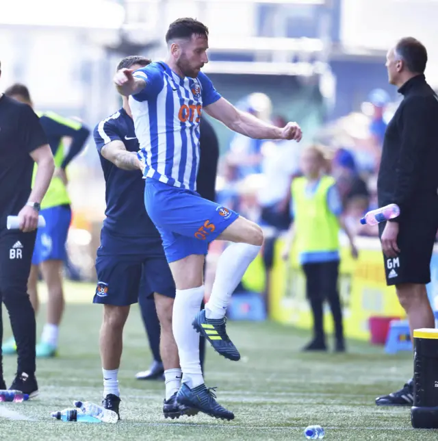 Kilmarnock defender Kirk Broadfoot kicks a water bottle.