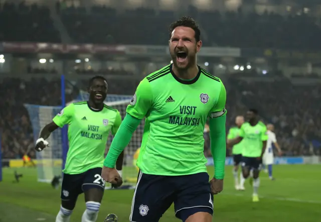 Sean Morrison celebrates scoring in a crucial 2-0 win at Brighton