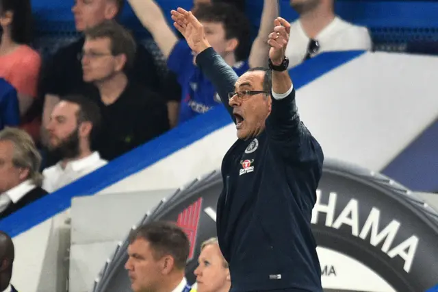 Chelsea manager Maurizio Sarri gestures after Pedro goes down following a challenge from Burnley's Charlie Taylor