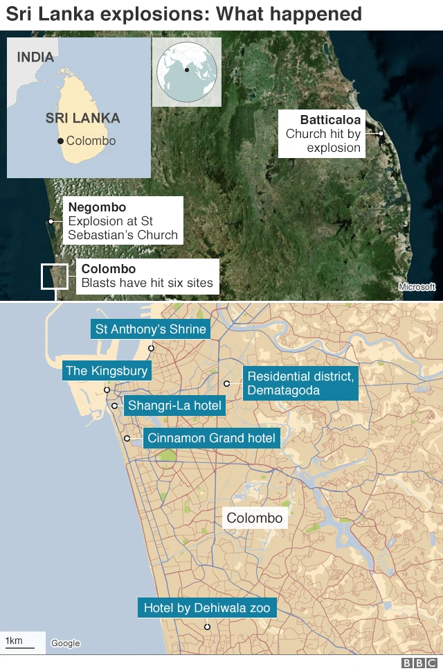 Map showing location of attacks around Sri Lanka