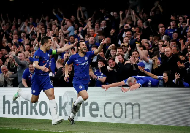 Pedro celebrates scoring for Chelsea in their Europa League quarter-final victory against Slavia Prague