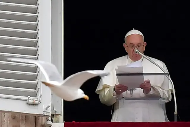 Pope Francis delivers a speech from the window of the apostolic palace overlooking St Peter"s Square in The Vatican