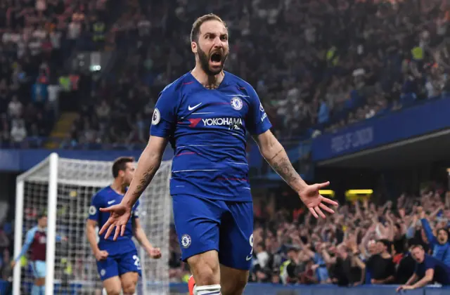 Gonzalo Higuain celebrates in a frenzy after putting Chelsea 2-1 up