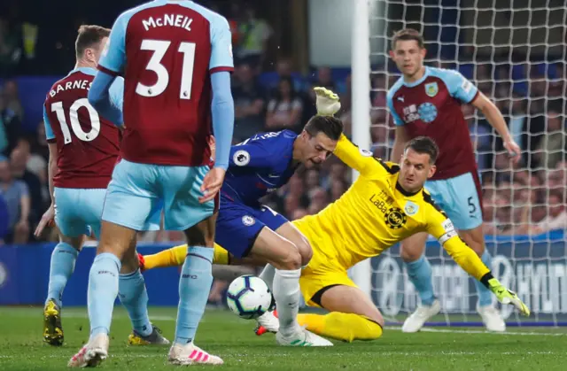 Chelsea's Cesar Azpilicueta is thwarted by Burnley goalkeeper Tom Heaton