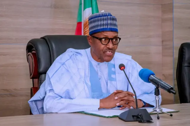 Nigeria"s President Muhammadu Buhari addresses officials and supporters at the campaign headquarters of All Progressives Congress (APC) in Abuja, Nigeria February 27, 2019.