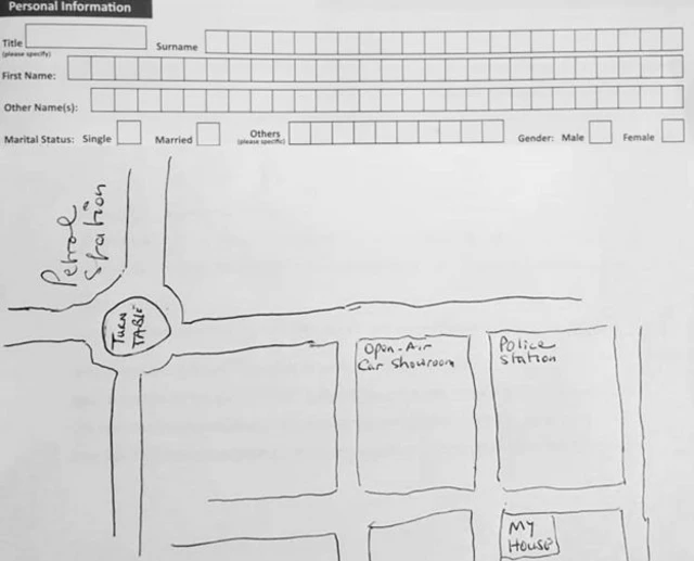 A drawing of a map to an address on an official form in The Gambia