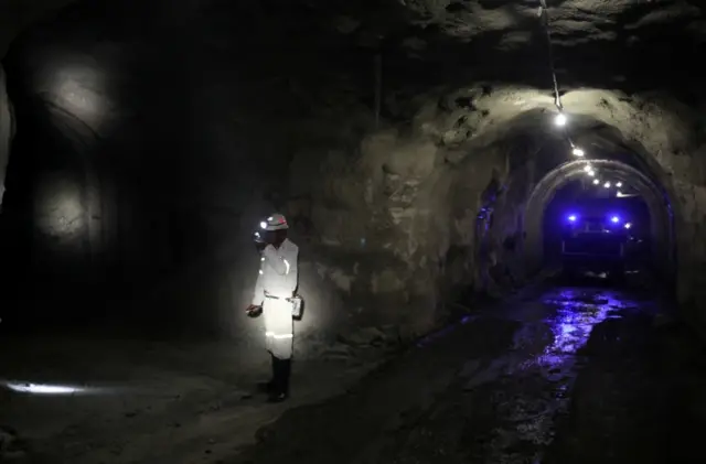 A mine worker is seen under ground at Cullinan mine, near Pretoria, South Africa, February 1, 2019.