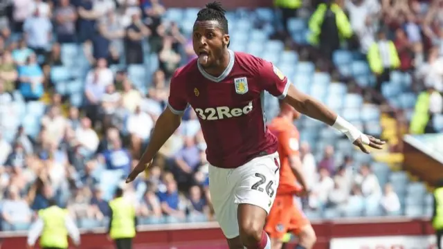 Aston Villa"s Jonathan Kodjia celebrates scoring against Millwall