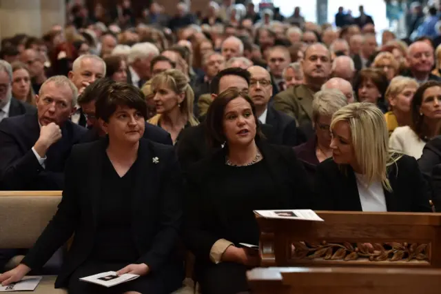 DUP leader Arlene Foster, Sinn Fein leader Mary Lou McDonald and Sinn Fein vice president Michelle O'Neill