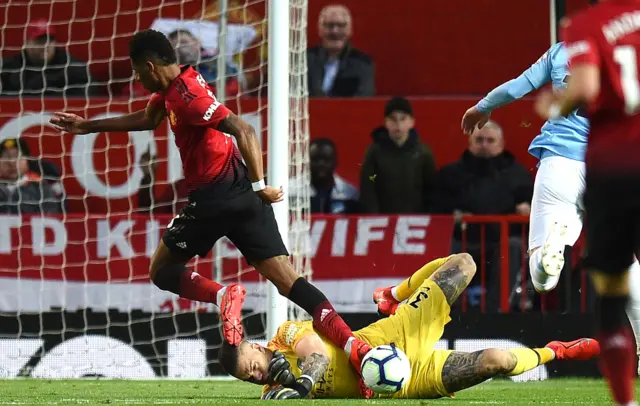 Ederson saves at the feet of Marcus Rashford