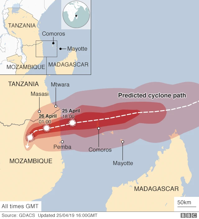 Map showing the predicted path of the cyclone