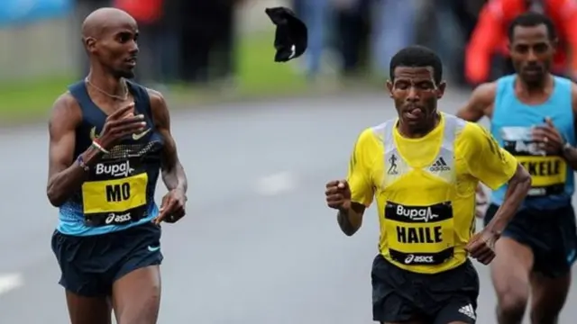 Mo Farah (left) and Haile Gebrselassie (centre) raced against each other at the 2013 Great North Run