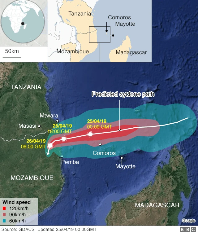 Map of path of cyclone