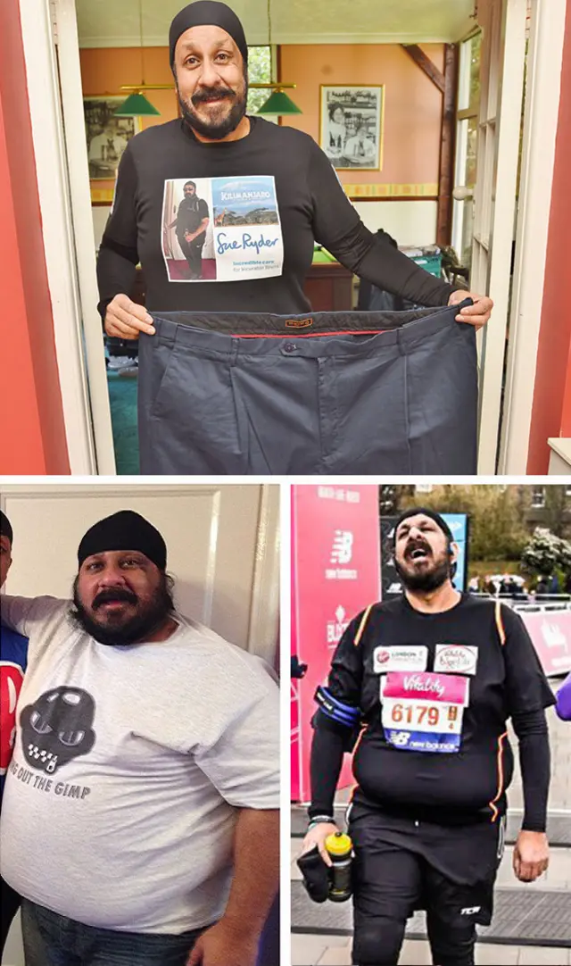 A composite image showing Del holding up a pair trousers prior to his weight loss, an image of Del at his heaviest weight and an image of him completing a mass participation run.