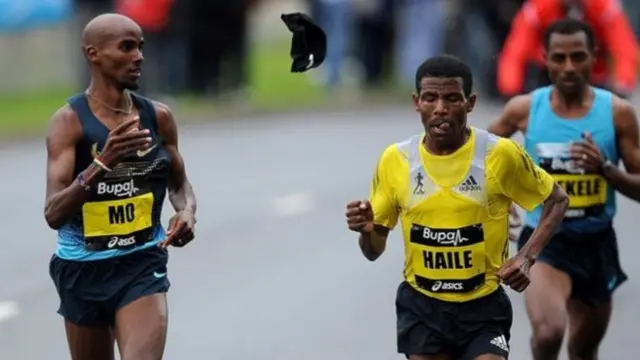 Mo Farah (left) and Haile Gebrselassie (centre) raced against each other at the 2013 Great North Run