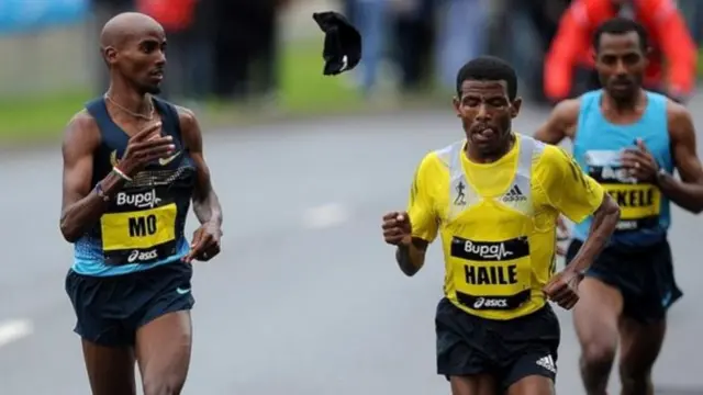 Mo Farah (left) and Haile Gebrselassie (centre) raced against each other at the 2013 Great North Run