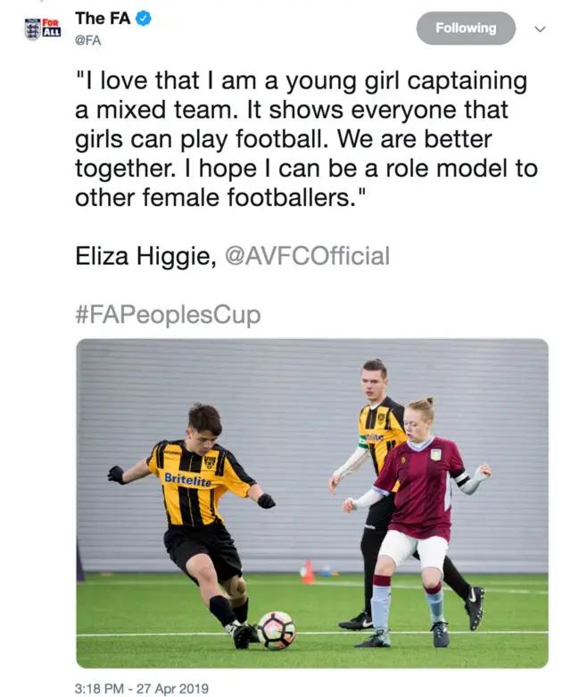 Tweet from The FA at the FA People's Cup finals 2019.