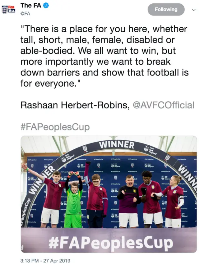 Tweet from The FA at the FA People's Cup finals 2019