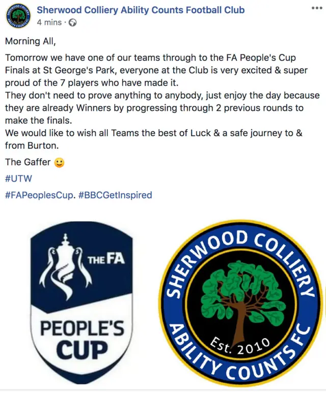 FA People's Cup Facebook post from Sherwood Ability Counts