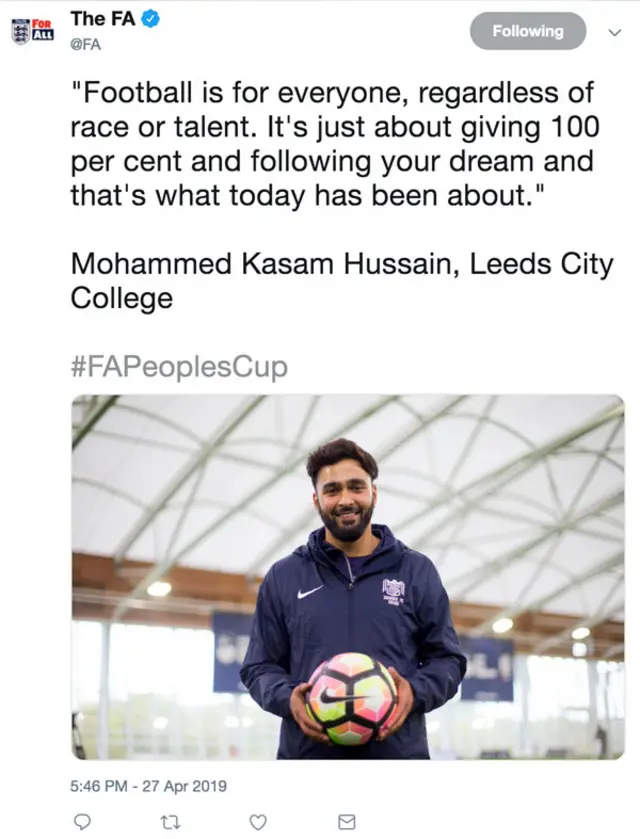 Tweet from The FA at the FA People's Cup finals 2019