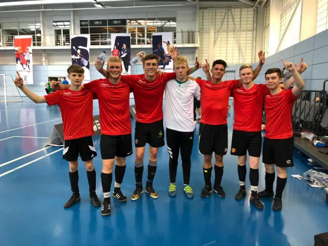 Disco Trimmers celebrate getting through to the final of the Futsal category at the FA People's Cup