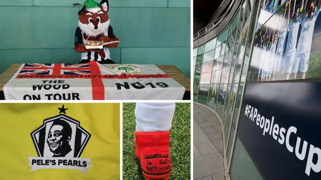 Composite image of the fox mascot eating cake, Pele's Pearl badge, the football boot of a winner player and the FA People's cup branding at St George's Park