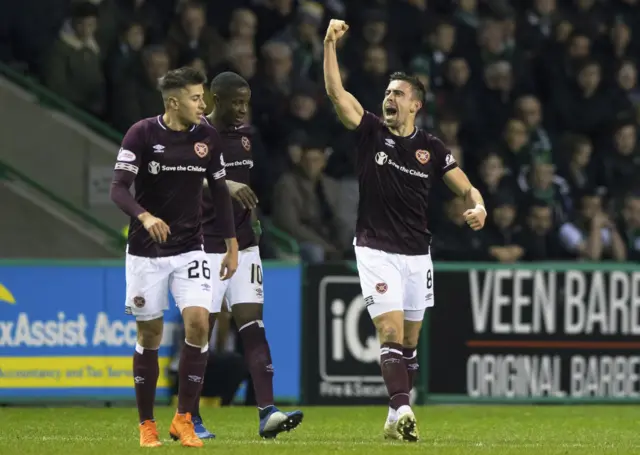 Olly Lee celebrates his Edinburgh derby winner at Easter Road in December