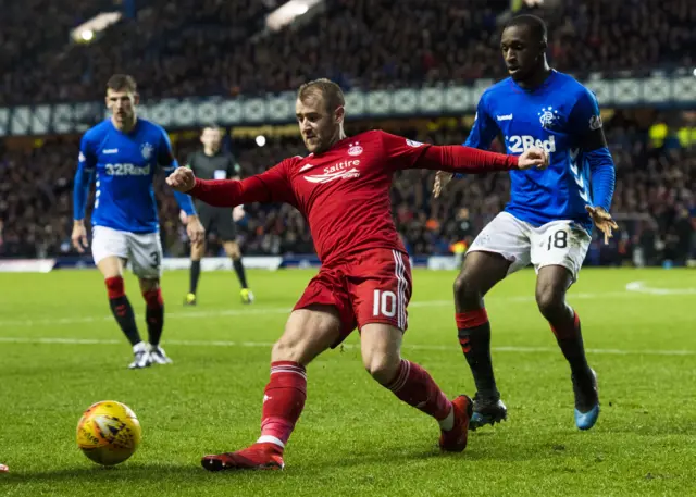 Aberdeen's Niall McGinn and Rangers' Glen Kamara in action