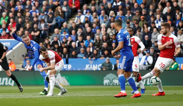 James Maddison shoots at goal