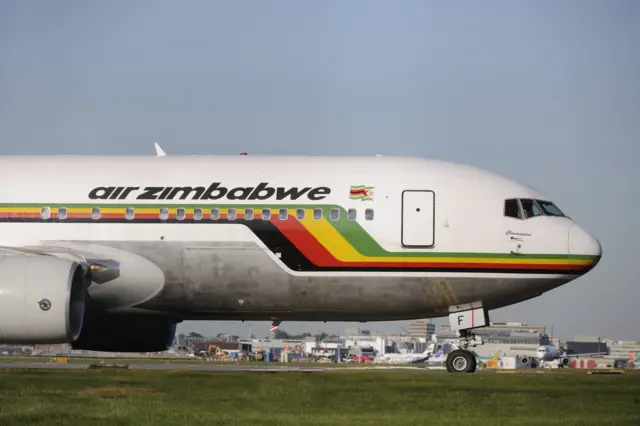 nose of Air Zimbabwe Boeing 767-200ER taxiing at Gatwick.