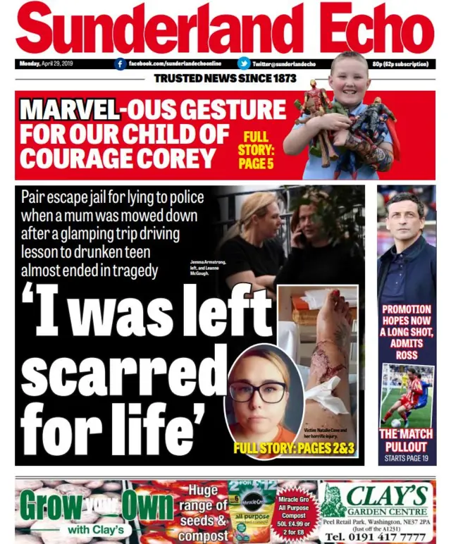 Sunderland Echo front page, Monday 29 April 2019