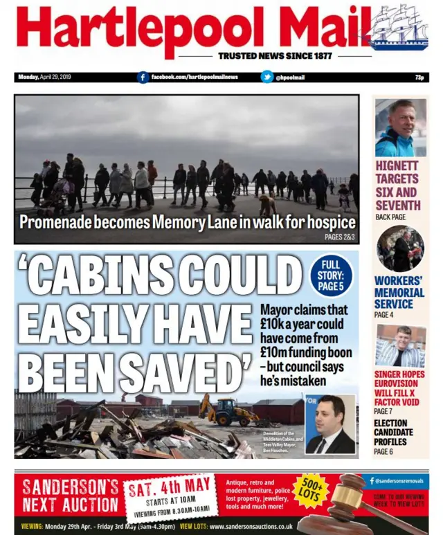 Hartlepool Mail front page, Monday 29 April 2019