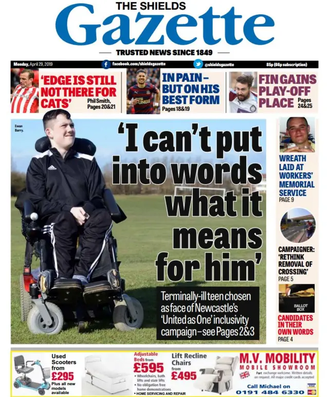 Shields Gazette front page, Monday 29 April 2019