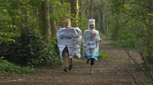 Katie Simpson and Fiona Henderson training for the marathon in their fancy dress outfits