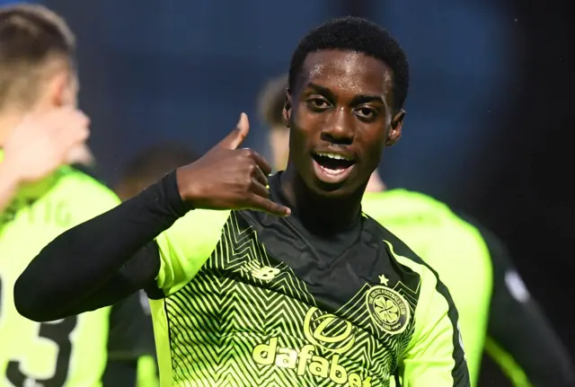 Timothy Weah celebrates his goal for Celtic