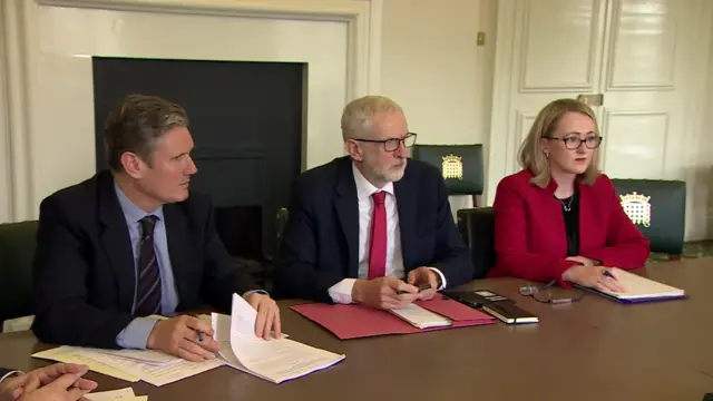 Jeremy Corbyn (centre), Keir Starmer and Rebecca Long-Bailey