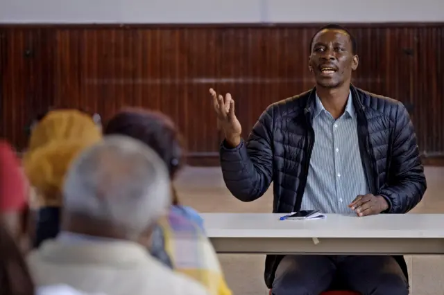 Luc André Diouf pictured speaking during the campaign trail on 15 April 2019.