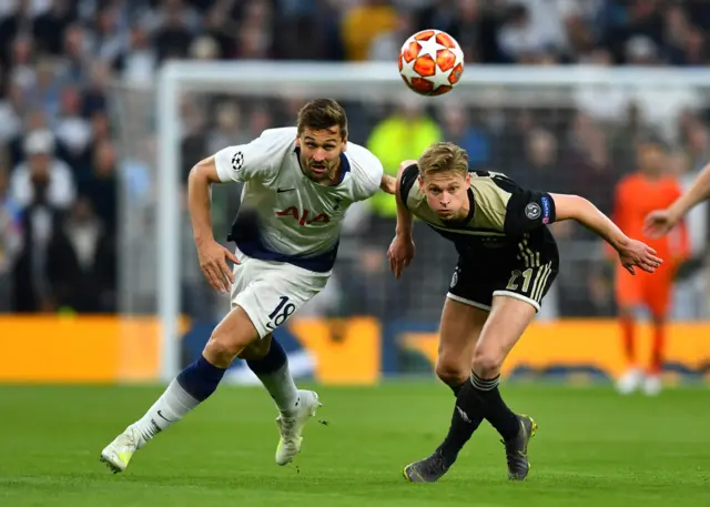 Tottenhams Fernando Llorente in action with Ajaxs Frenkie de Jong