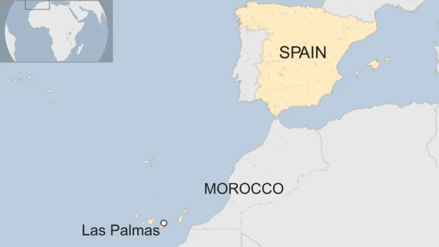 A map showing the location of Las Palmas, Canary Islands, Spain.