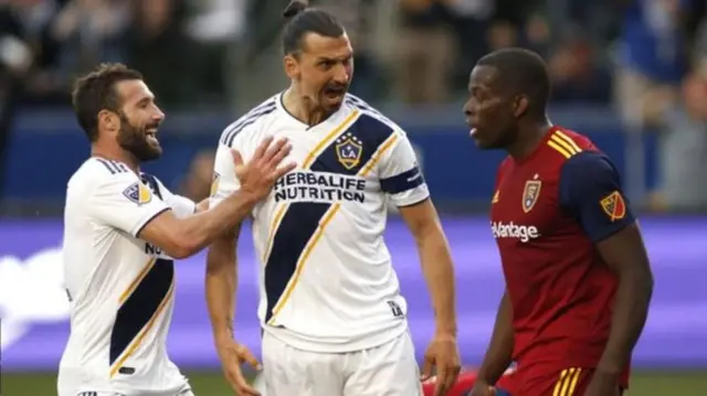 Zlatan Ibrahimovic (centre) and Nedum Onuoha (right) clashed several times during Real Salt Lake's loss to LA Galaxy.