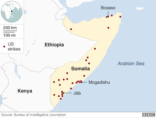 A map showing the location of US airstrikes in Somalia