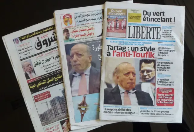 A picture taken in the capital Algiers on December 14, 2015 shows the front pages of Algerian newspapers bearing headlines on General Athmane 'Bachir' Tartag, who recently replaced General Mohamed Mediene, better known as General Toufik, as head of the Algeria's military intelligence.