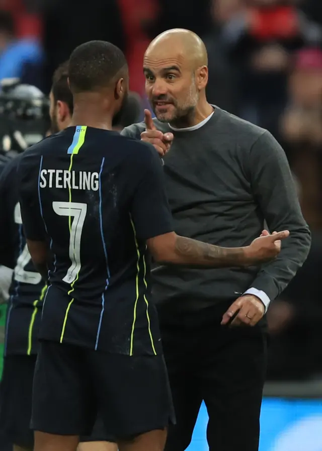Pep Guardiola and Raheem Sterling at full-time