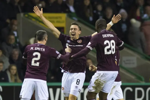 Hearts' Olly Lee celebrates scoring against Hibs